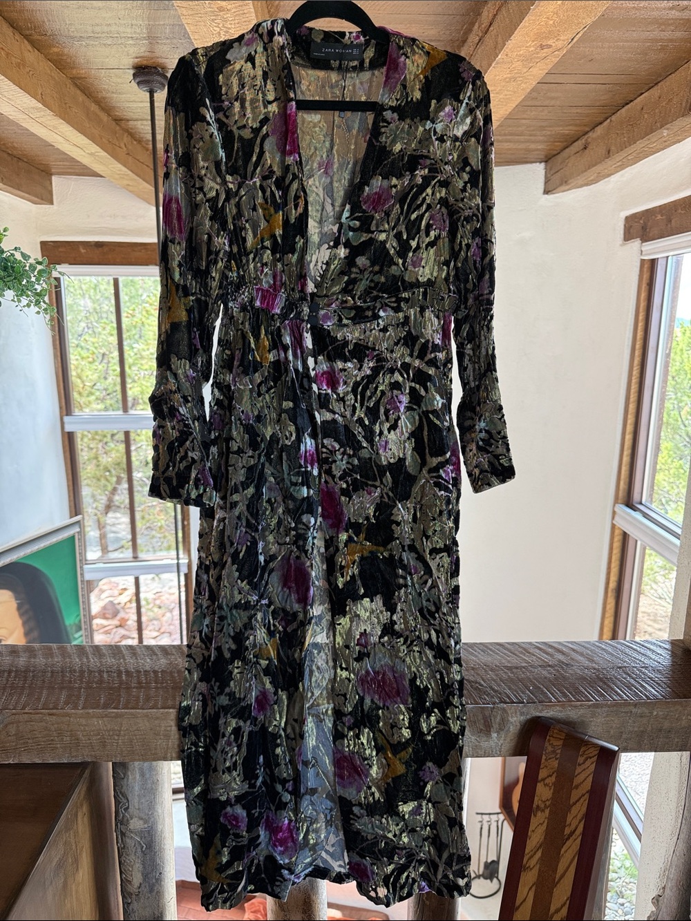 Zara Black Velvet Floral Long-Sleeve Midi Dress with Purple & Gold Accents